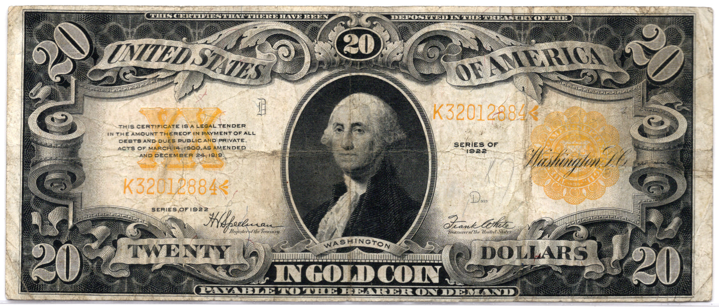 FR 1187 1922 $20 Gold Certificate