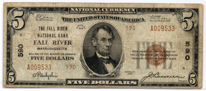 1929 $5 Fall River NB Fall River Massachusetts Type 2 CH# 590
