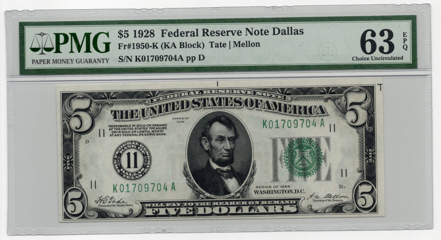 FR 1950-K 1928 $5 FRN Dallas "Numerical 11"