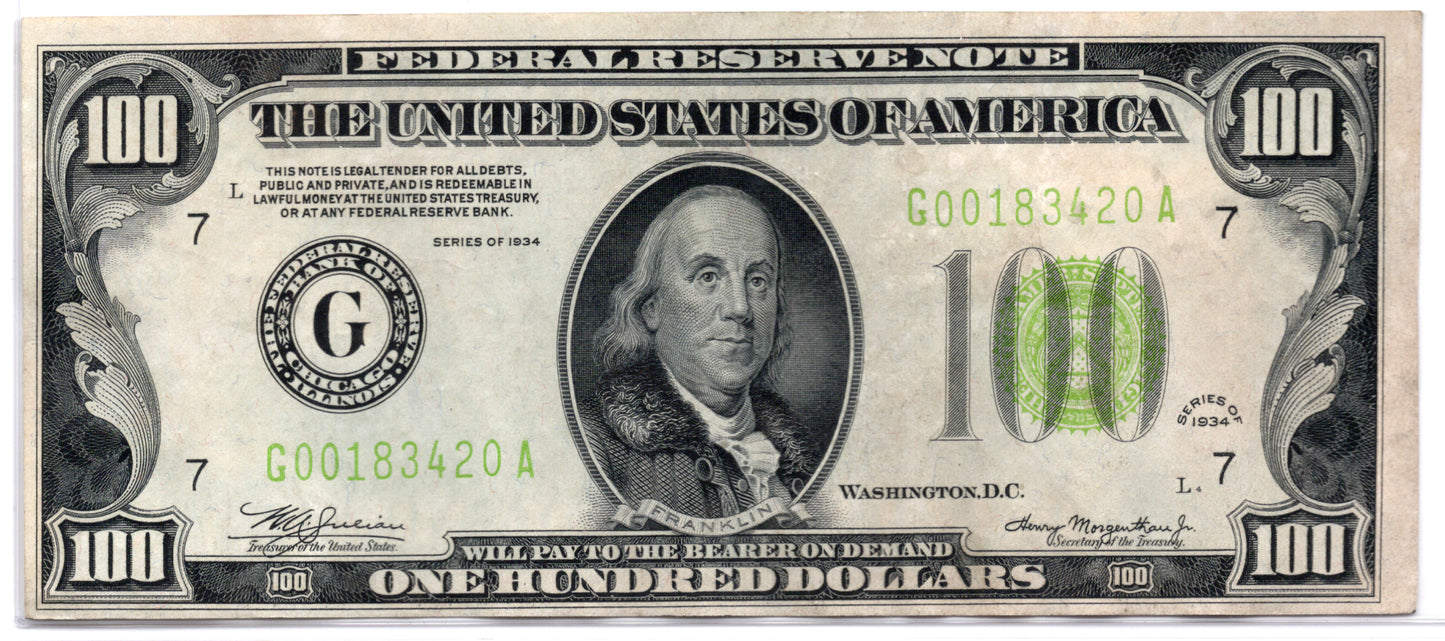 FR 2152-G 1934 $100 Federal Reserve Note LGS Chicago