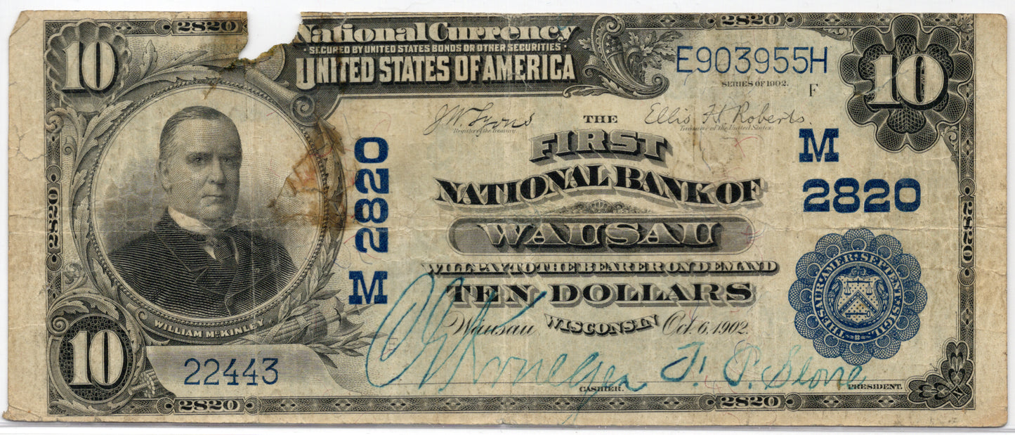 1902 $10 First NB of Wausau Wisconsin CH# 2820