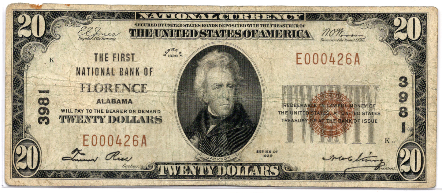 1929 $20 First NB of Florence Alabama CH# 3981
