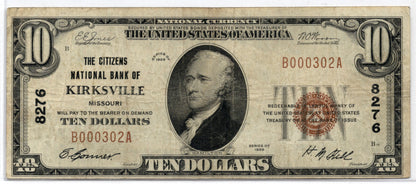 1929 $10 Citizens NB of Kirksville Missouri CH# 8276