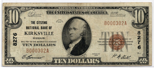 1929 $10 Citizens NB of Kirksville Missouri CH# 8276