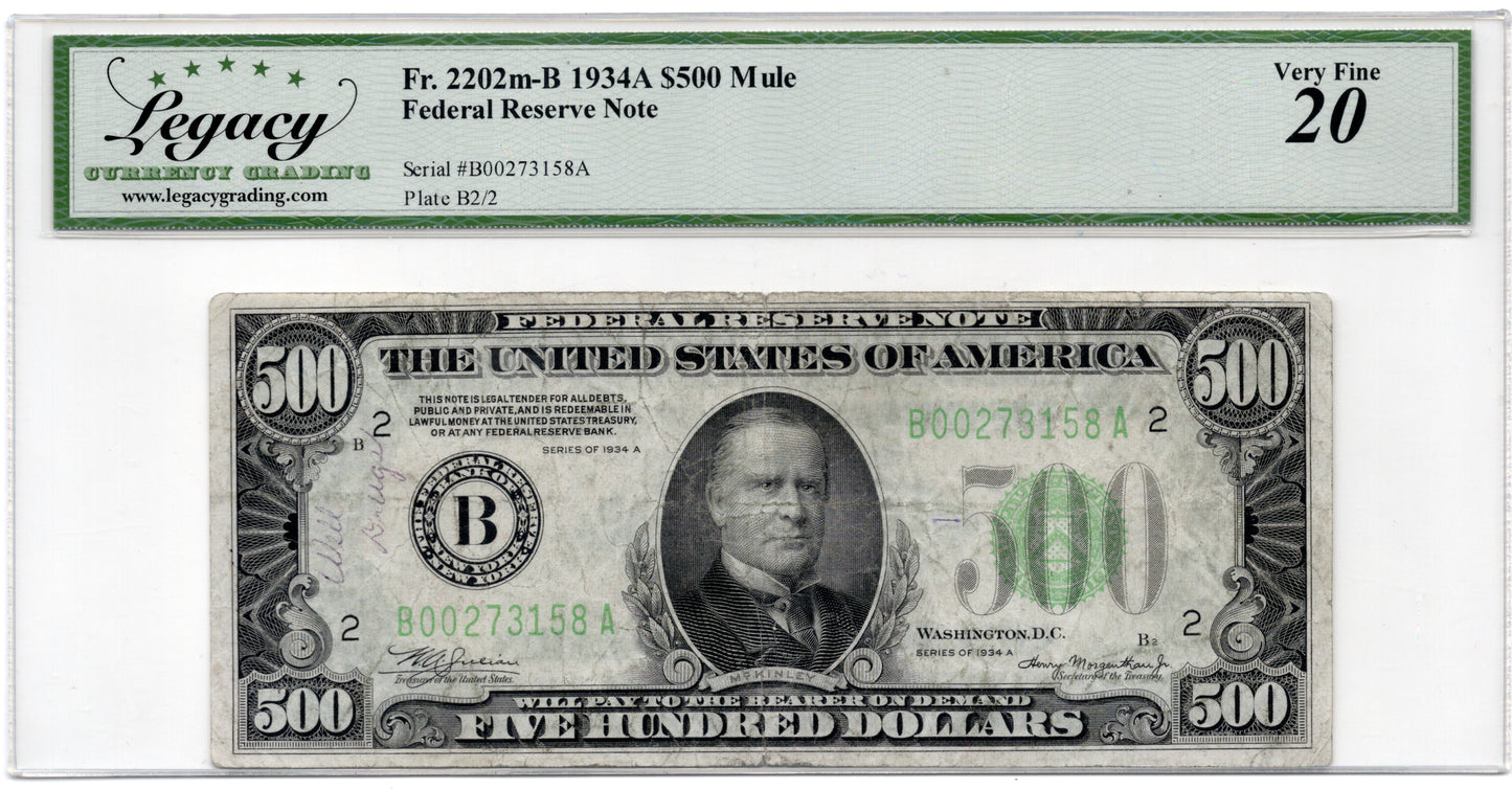 FR 2202M-B 1934A $500 FRN MULE NEW YORK