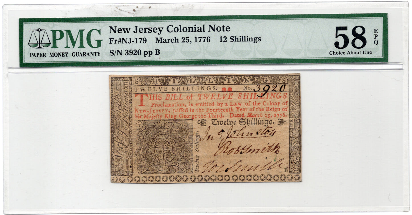 FR# NJ-179 12 Shillings New Jersey Colonial Note March, 25 1776