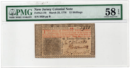 FR# NJ-179 12 Shillings New Jersey Colonial Note March, 25 1776