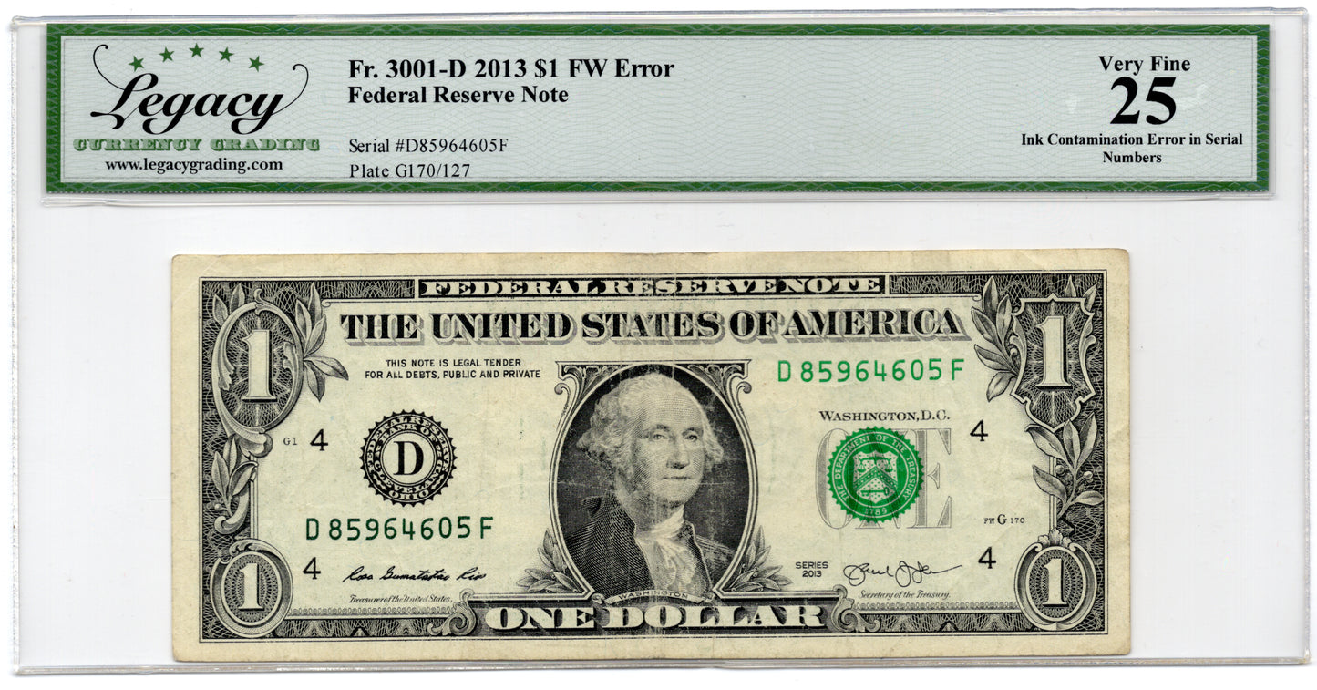 2013 $1 FRN INK CONTAMINATION ERROR S/N