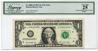 2013 $1 FRN INK CONTAMINATION ERROR S/N