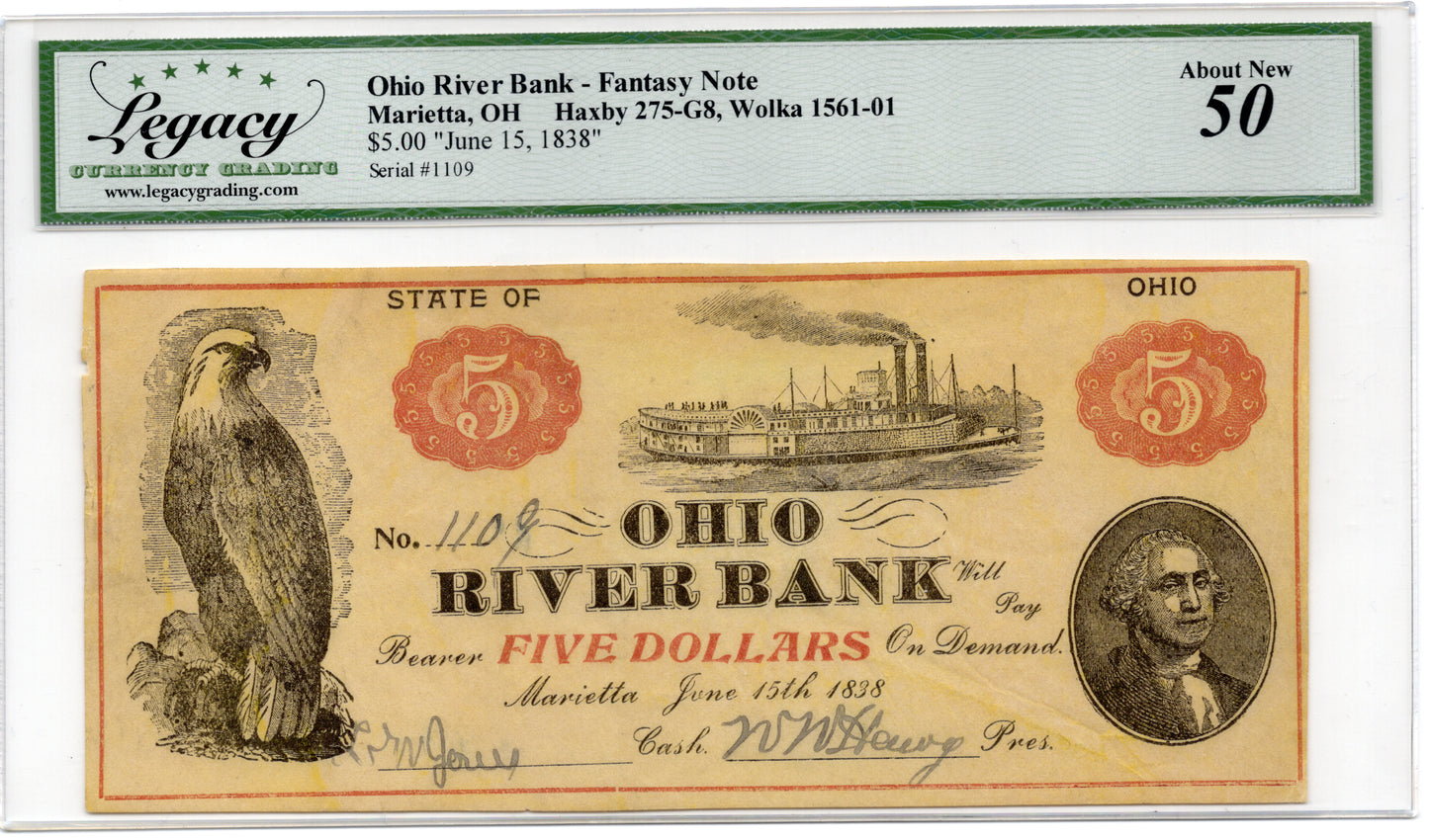 June 15 1838 $5 Ohio River Bank Fantasy Note Marietta Ohio