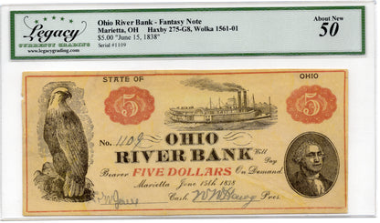 June 15 1838 $5 Ohio River Bank Fantasy Note Marietta Ohio
