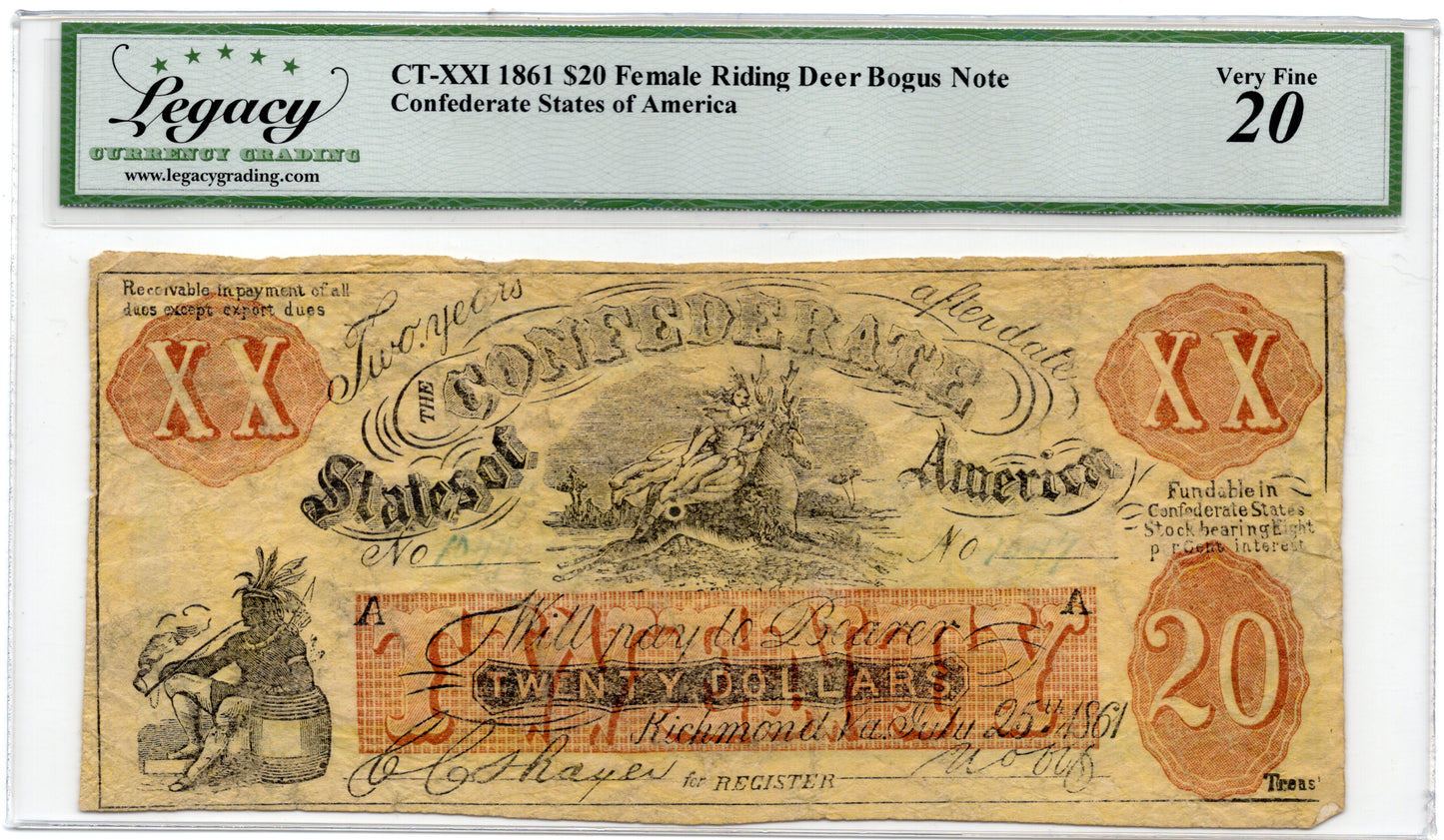 CT-XXI 1861 $20 Female Riding Deer Bogus Note