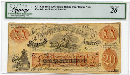 CT-XXI 1861 $20 Female Riding Deer Bogus Note