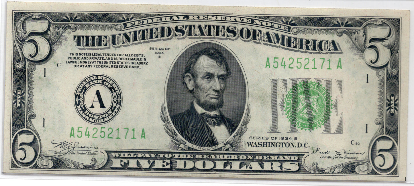 1934B $5 Federal Reserve Note Boston