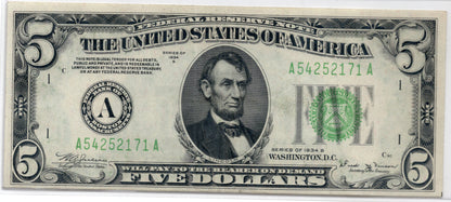 1934B $5 Federal Reserve Note Boston