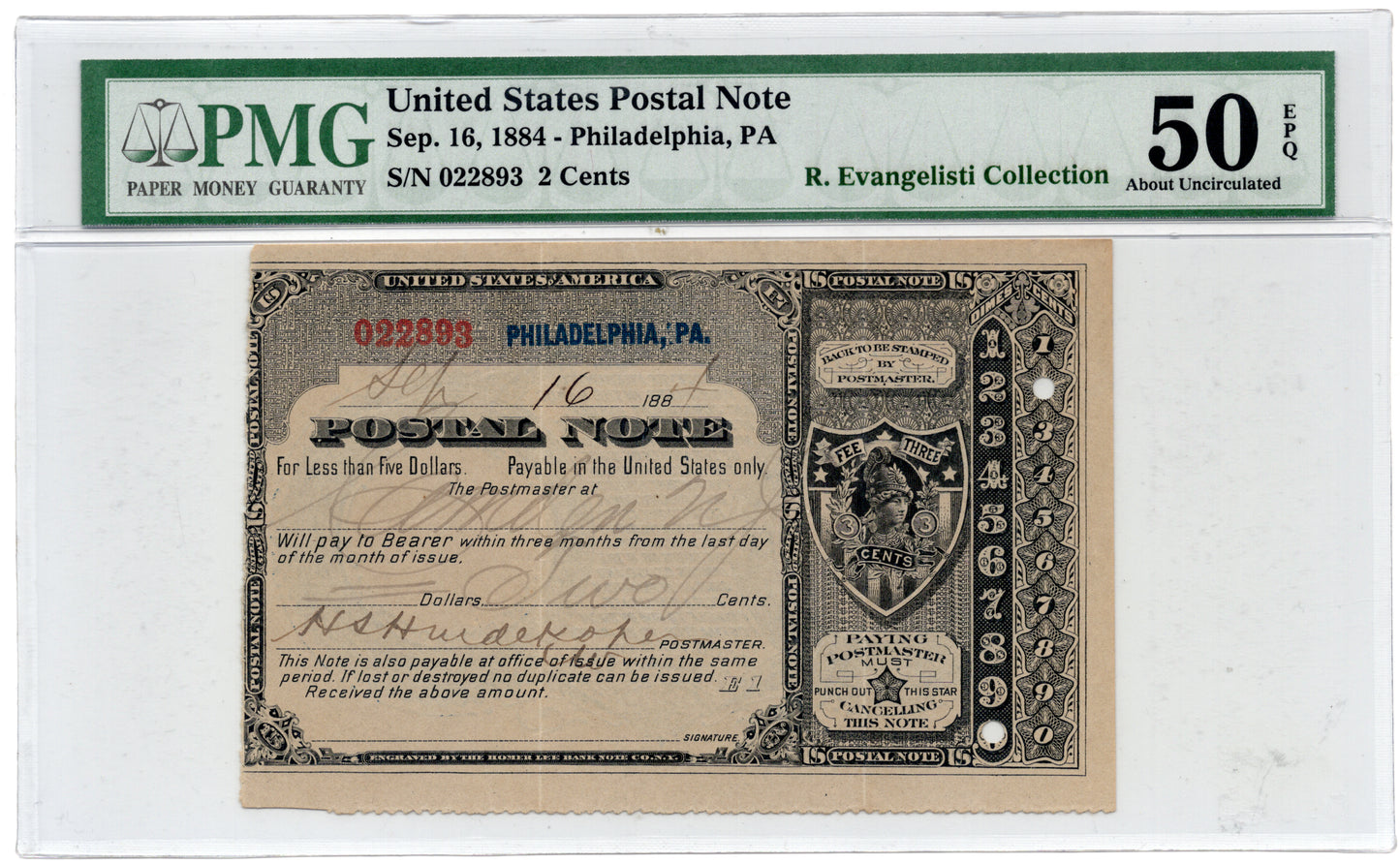 1884 2 Cents United States Postal Note September 16 1884