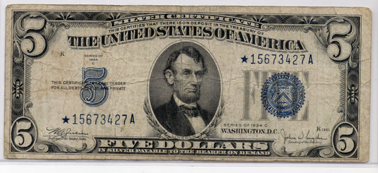 FR 1653* 1934C $5 Silver Certificate STAR
