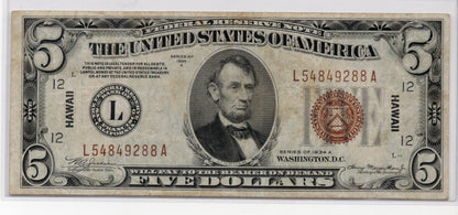 FR 2302 1934A $5 Hawaii Emergency Issue
