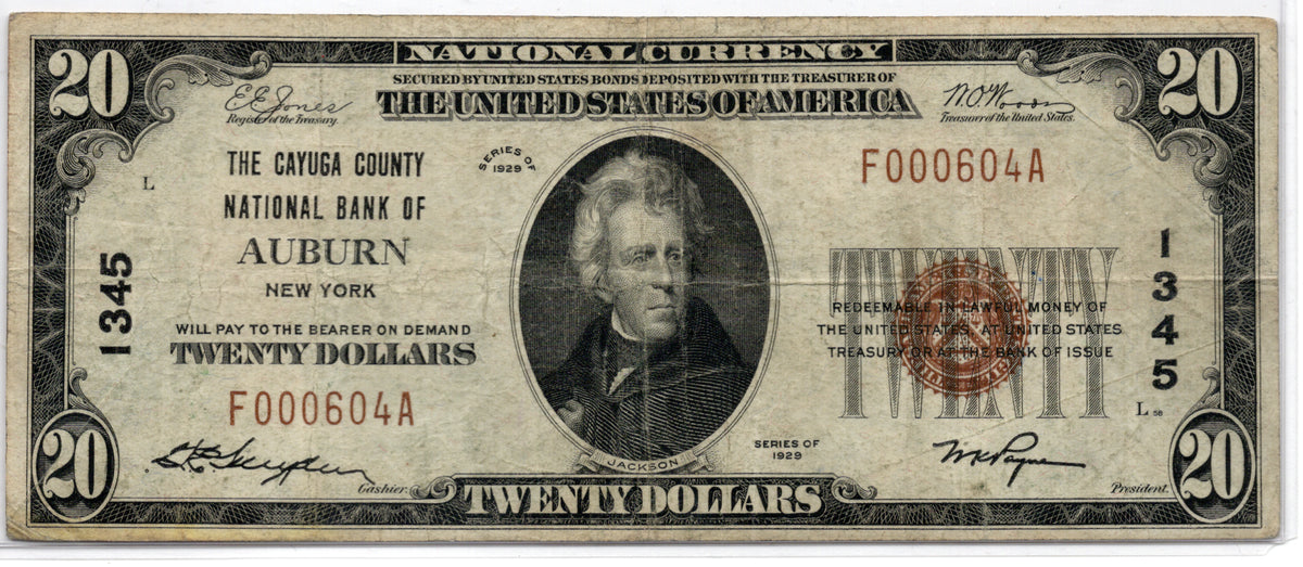 1929 $20 Cayuga County NB of Auburn New York CH# 1345