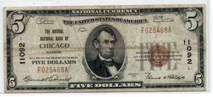 1929 $5 Mutual NB of Chicago Illinois CH# 11092