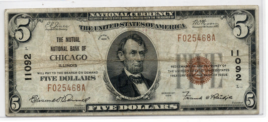 1929 $5 Mutual NB of Chicago Illinois CH# 11092