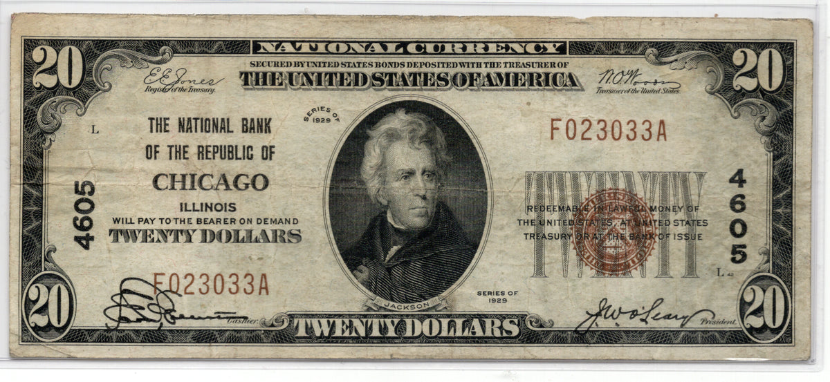 1929 $20 NB of The Republic of Chicago Illinois CH# 4605