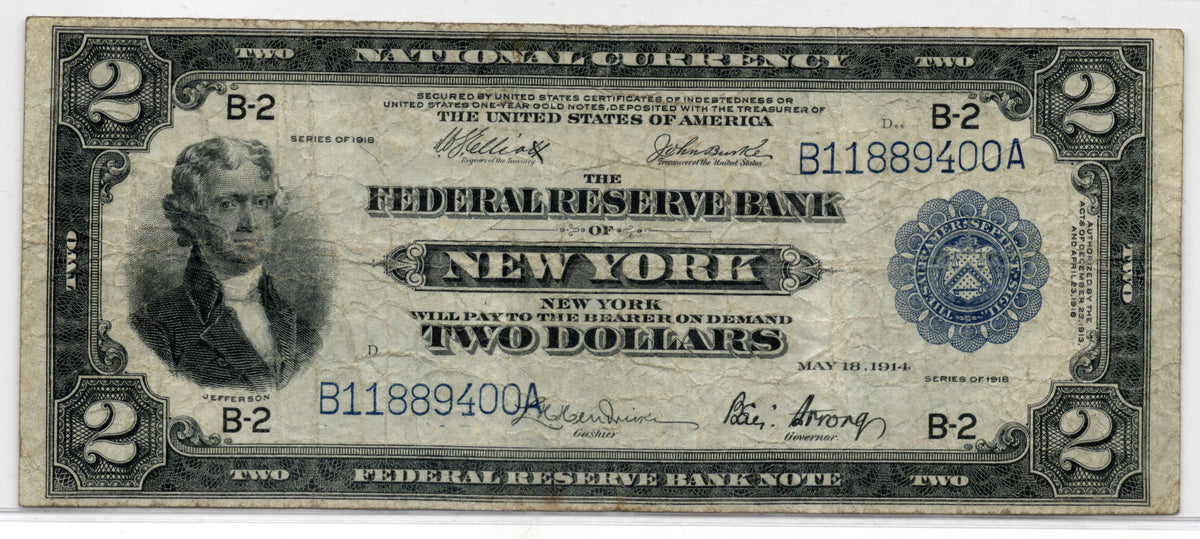 1918 $2 Federal Reserve Bank Note New York