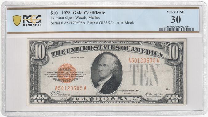 FR 2400 1928 $10 Gold Certificate, A-A Block