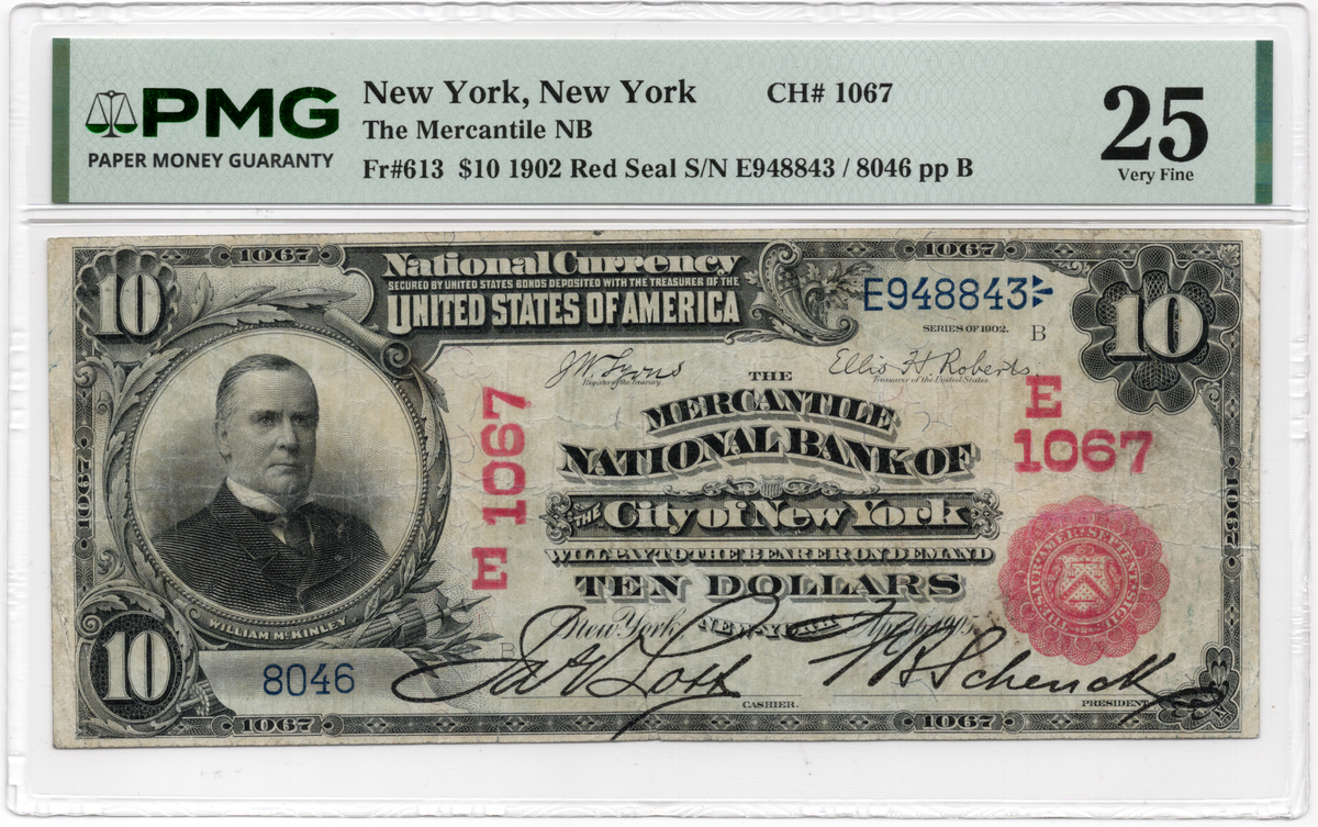 FR 613 1902 $10 Mercantile NB of the City New York, New York Red Seal CH# 1067