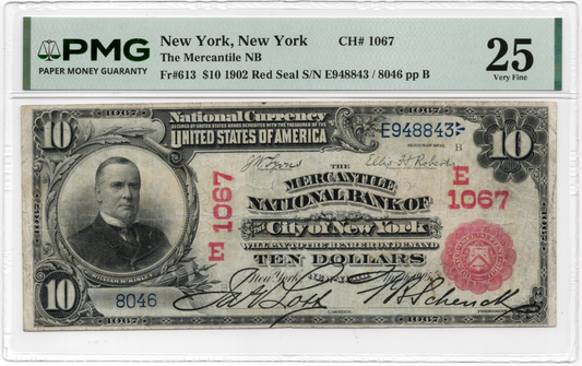 FR 613 1902 $10 Mercantile NB of the City New York, New York Red Seal CH# 1067