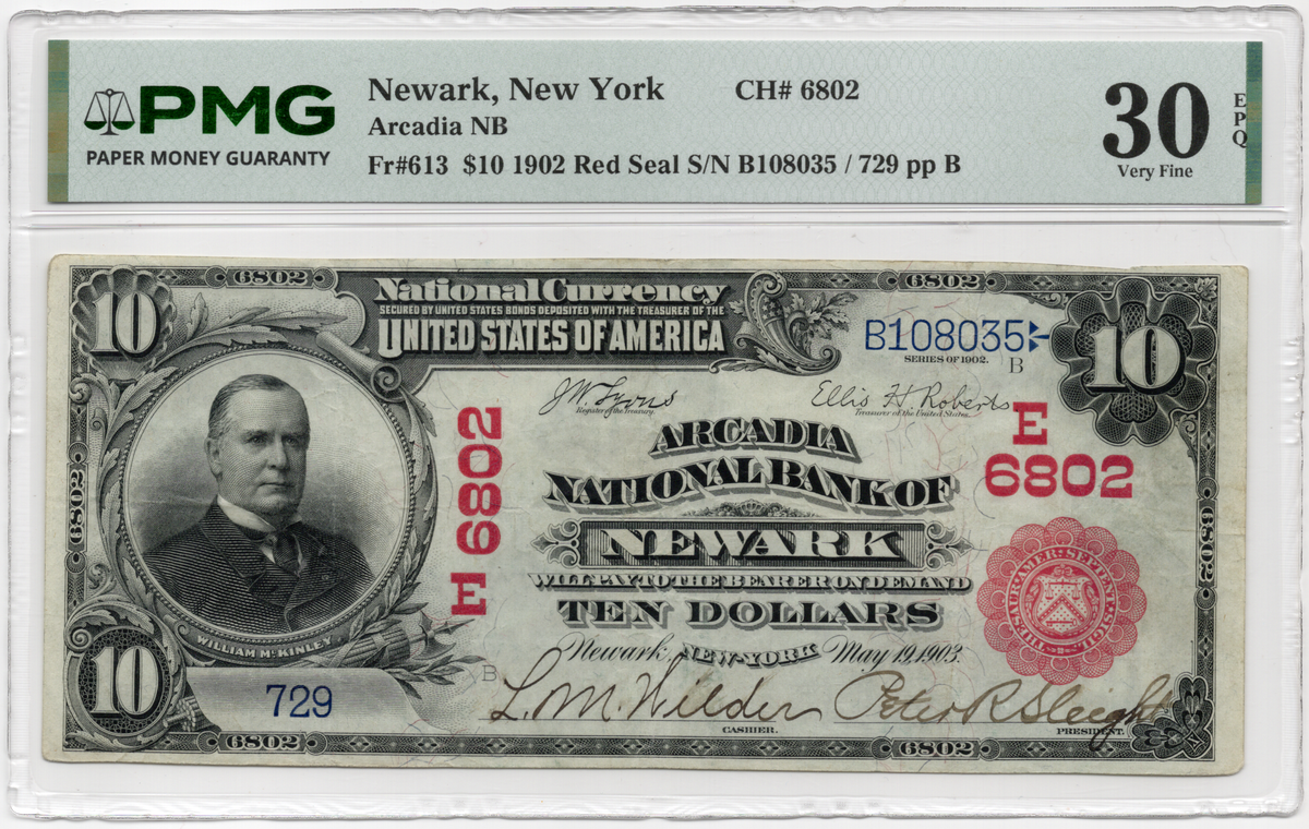 FR 613 1902 $10 Arcadia NB of Newark, New York Red Seal CH# 6802