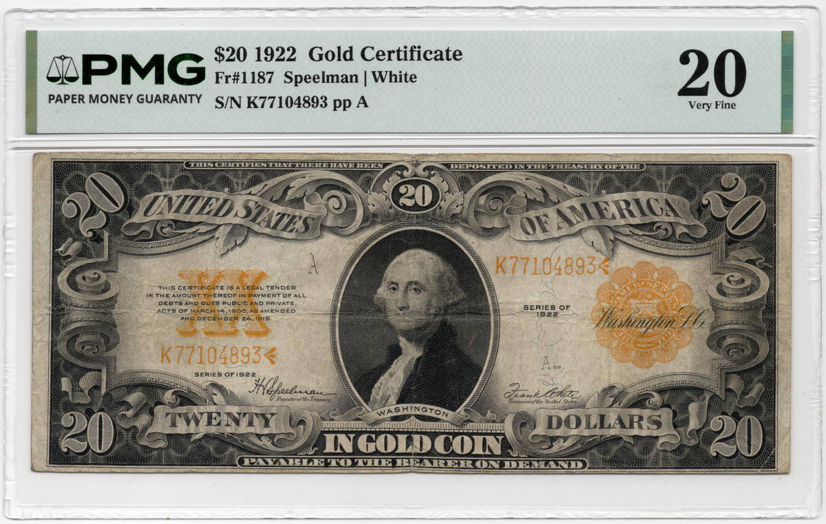 FR 1187 1922 $20 Gold Certificate
