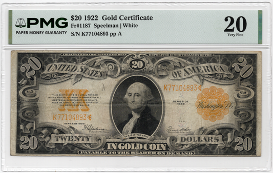 FR 1187 1922 $20 Gold Certificate