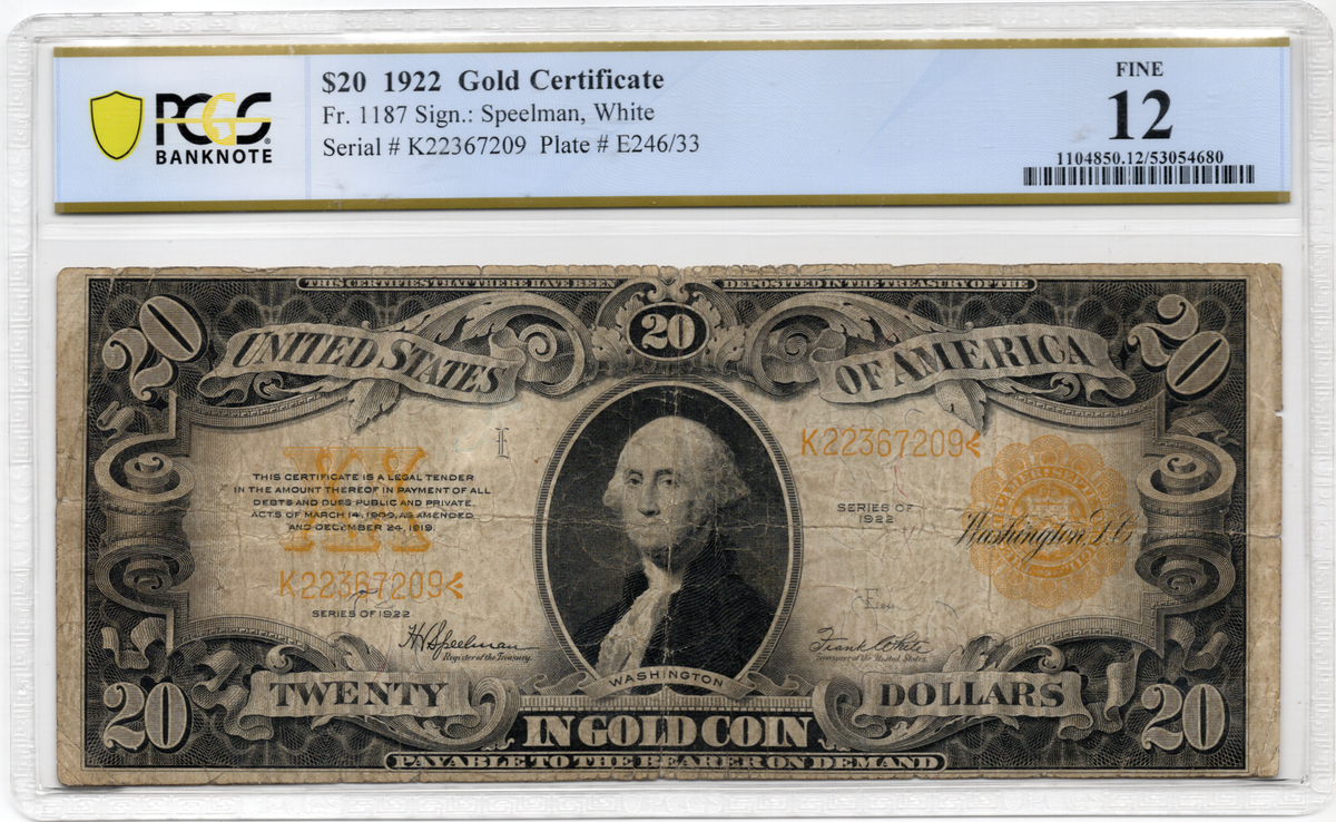 FR 1187 1922 $20 Gold Certificate
