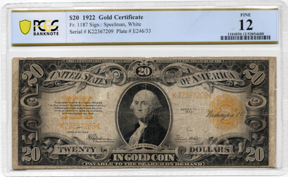 FR 1187 1922 $20 Gold Certificate