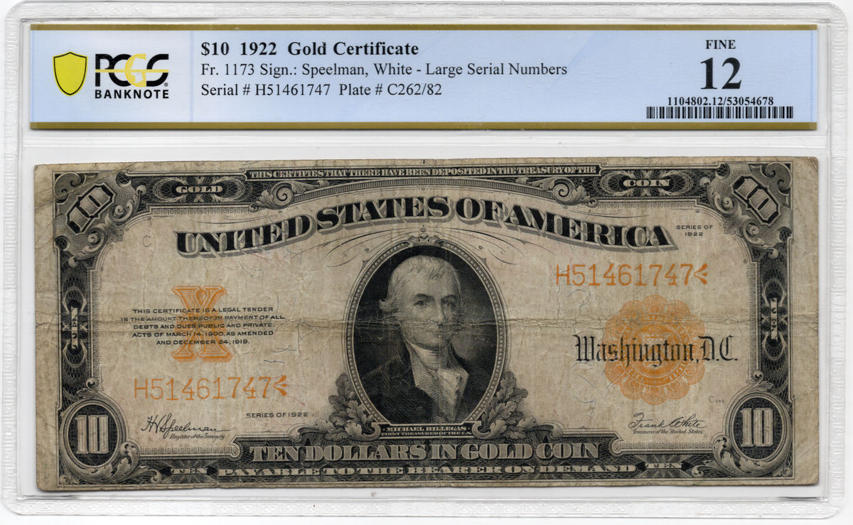 FR 1173 1922 $10 Gold Certificate