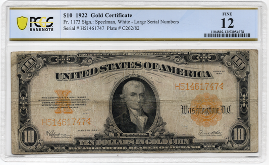 FR 1173 1922 $10 Gold Certificate