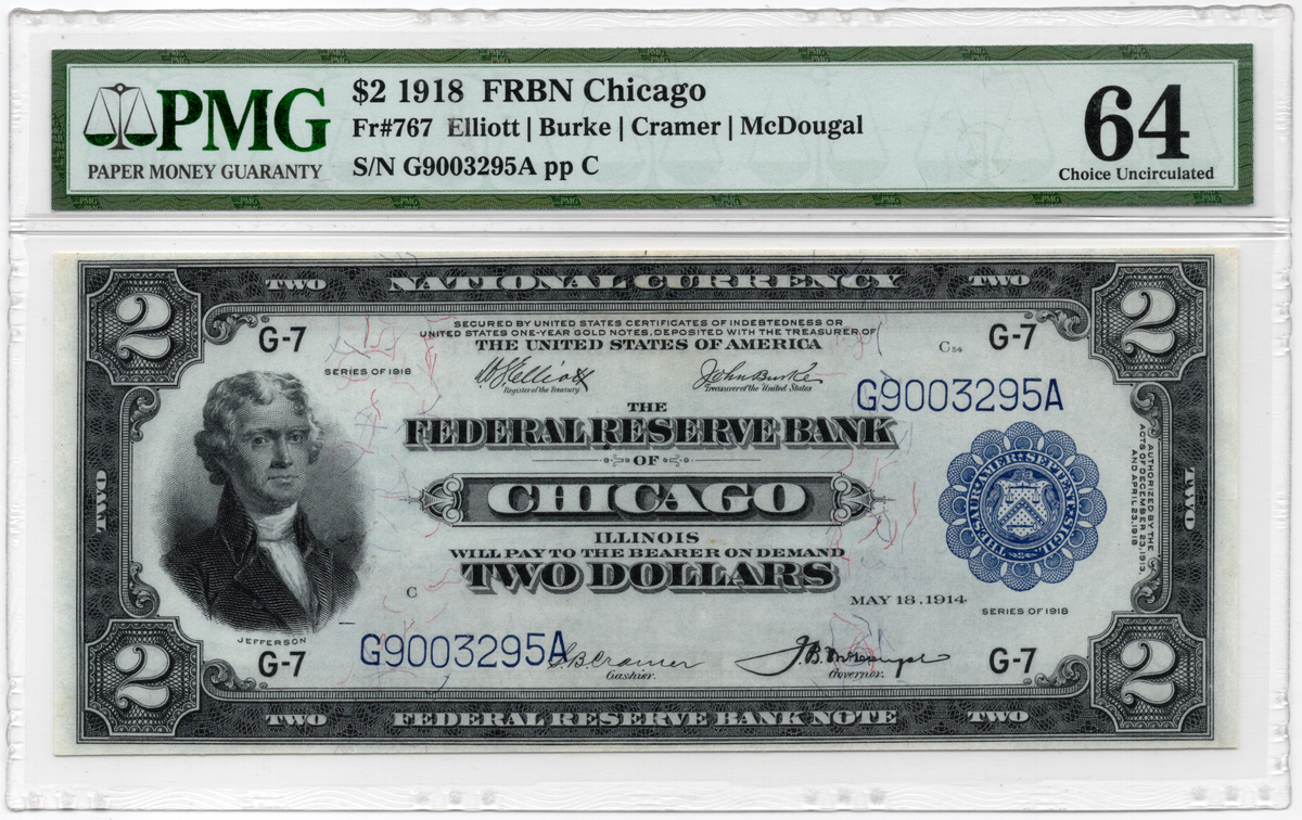 FR 767 1918 $2 FRBN Chicago "Battleship"