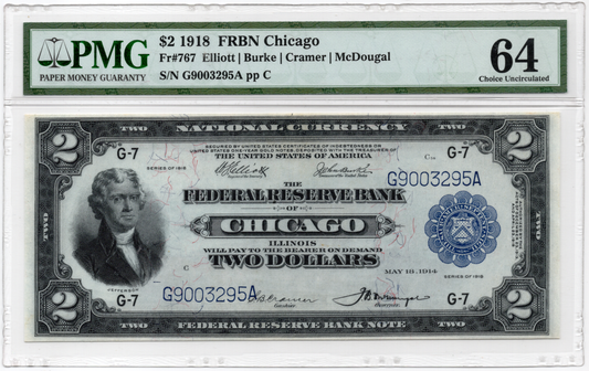 FR 767 1918 $2 FRBN Chicago "Battleship"