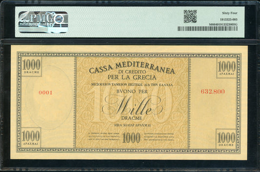 Greece P-M6 1941 Italian Occupation WWII 1000 Drachmai Cassa Mediterranea