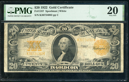 Fr 1187 1922 $20 Gold Certificate PMG 20 VF