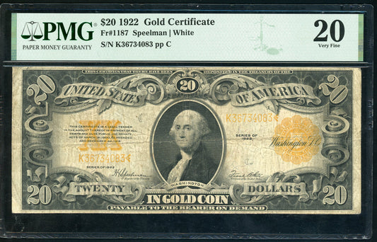 Fr 1187 1922 $20 Gold Certificate PMG 20 VF