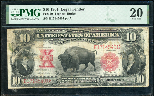 Fr 120 1901 $10 Legal Tender Bison PMG 20 VF