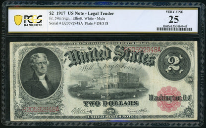 Fr 59m 1917 $2 Legal Tender PMG 25 VF