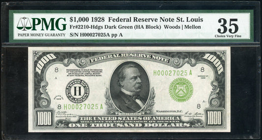 Fr 2210-Hdgs 1928 $1000 Federal Reserve Note St. Louis PMG 35 Choice VF