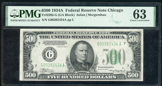 Fr 2202-G 1934A $500 Federal Reserve Note Chicago PMG 63 Choice UNC