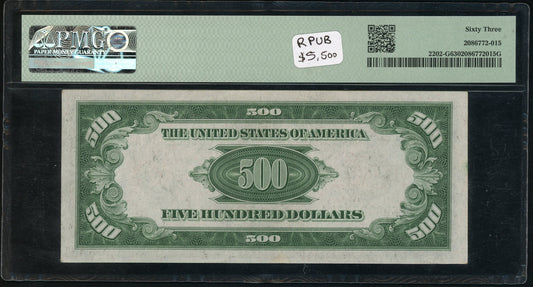 Fr 2202-G 1934A $500 Federal Reserve Note Chicago PMG 63 Choice UNC