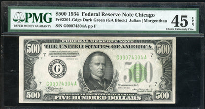 Fr 2201-Gdgs 1934 $500 Federal Reserve Note Chicago PMG 45 EPQ Choice XF