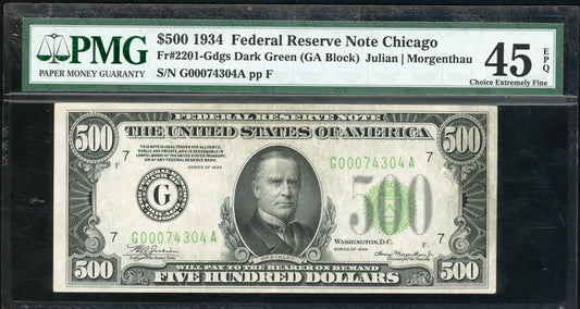 Fr 2201-Gdgs 1934 $500 Federal Reserve Note Chicago PMG 45 EPQ Choice XF