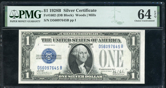 Fr 1602 1928B $1 Silver Certificate PMG 64 EPQ Choice UNC